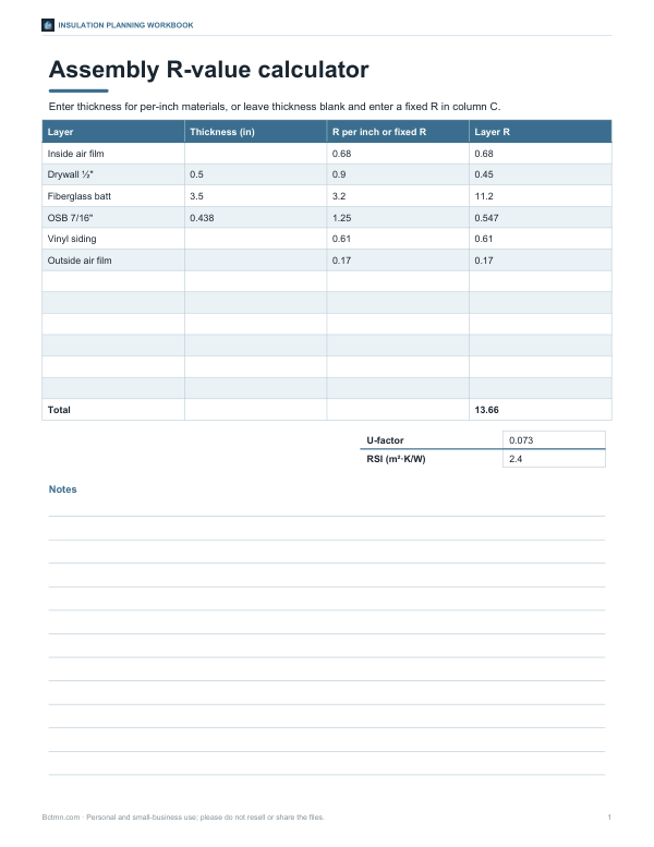 Preview of Printable Assembly R-Value Calculator